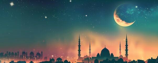 Illustration of abstract ramadan kareem mosque, arabic muslim mosques and minarets, religious eastern architecture, background. - obrazy, fototapety, plakaty