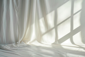 Backlit window with curtains in minimal empty room.