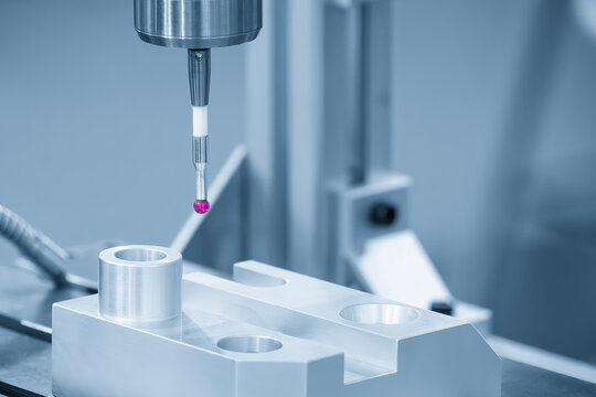 The  CMM probe measuring the  aluminum automotive parts.