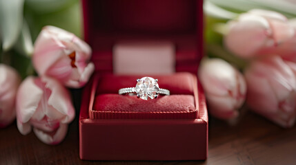Close Up of a Beautiful Engagement Ring with a Big Gemstone Standing in a Red Box on a Table Next to Pink Tulips Bouquet