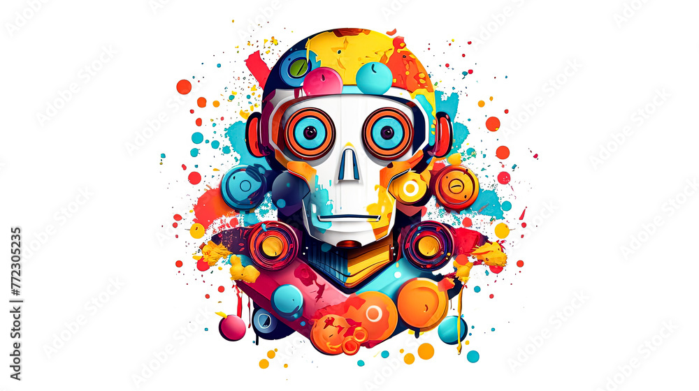 Poster a colorful robot with a big smile on its face.