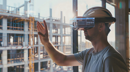 Futuristic Architectural Engineer Wearing Augmented Reality Headset, Uses Gestures to Create 3D Graphics VFX Model of a Building with Infographics. In Background Construction Site in Progress