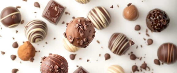 Assorted Chocolates Floating Against a White Background
