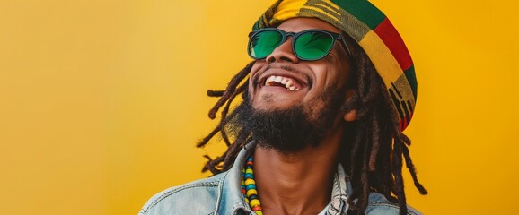 Happy Man with Dreadlocks Wearing Rastafarian Hat on Yellow