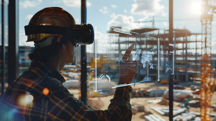 Futuristic Architectural Engineer Wearing Augmented Reality Headset, Uses Gestures to Create 3D Graphics VFX Model of a Building with Infographics. In Background Construction Site in Progress
