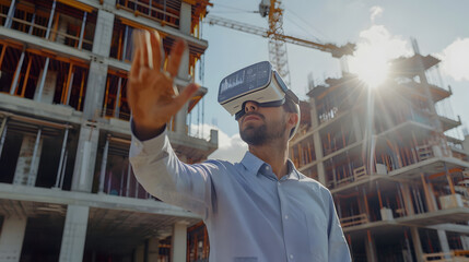 Futuristic Architectural Engineer Wearing Augmented Reality Headset, Uses Gestures to Create 3D Graphics VFX Model of a Building with Infographics. In Background Construction Site in Progress