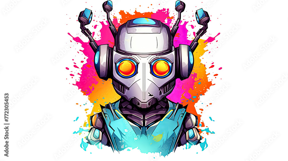 Poster a colorful robot with a big smile on its face.