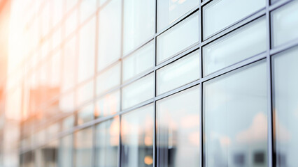 A photo of a modern building's glass facade reflecting the warm sunlight in a city's business district.
