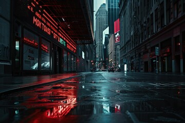 a wet city street at night with red lights