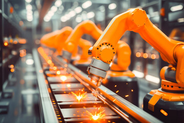 Industrial robotic arms welding on an automated production line in a high-tech manufacturing plant.