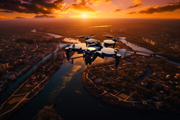 A futuristic drone is flying over a body of water with a beautiful sunset - Powered by Adobe