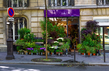 Street with flower shop in Paris, France. Cozy cityscape of Paris. Architecture and landmarks of Paris.