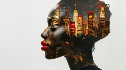 Silhouette of woman with illuminated cityscape - This image captures a side profile of a woman with a glowing city skyline superimposed on her face - obrazy, fototapety, plakaty