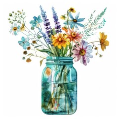 Rustic watercolor clipart of wildflowers in a mason jar a casual elegance