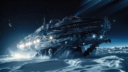 Spaceship traversing snowy alien terrain - An intricately designed spaceship glides over a snowy, otherworldly landscape under a star-studded night sky