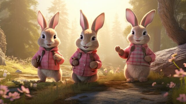 Three rabbits in a forest wearing clothes - Charming family of rabbits, dressed in adorable pink outfits, enjoying the serenity of their forest home