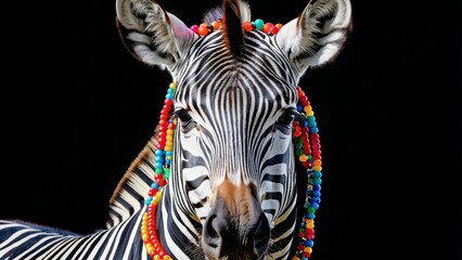   A tight shot of a zebra's head adorned with beads on its neck, accompanied by headbands encircling its neck