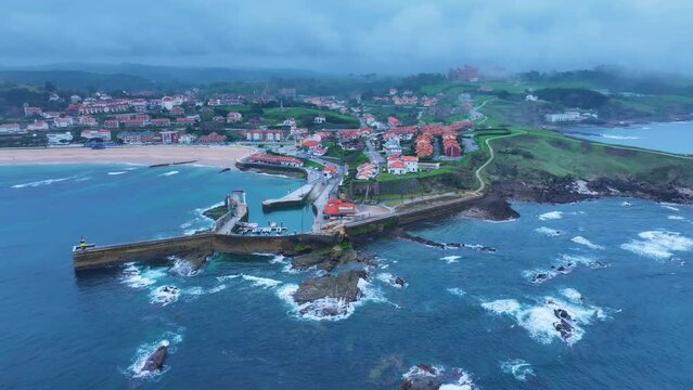 Comillas town, aerial view from a drone. Comillas Municipality. Cantabrian Sea. Cantabria. Spain. Europe
