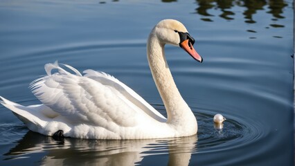   A white swan glides atop tranquil waters, beside a small white duck swimming in the water's heart