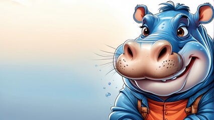   A tight shot of a hippo donning an orange shirt and blue overalls against a backdrop of a clear, blue sky