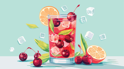 Fresh cherry and spiced rum cocktail  vector illustration - obrazy, fototapety, plakaty