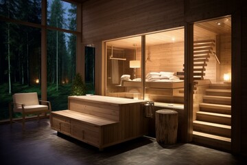 Minimalistic Modern wooden sauna. Bath healthy. Generate Ai
