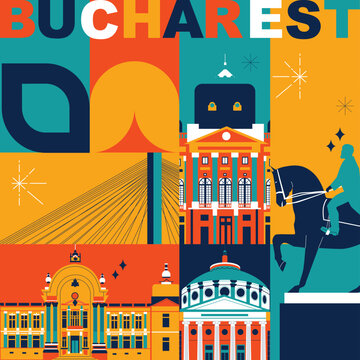 Bucharest Culture Travel Set, Video Split Screen, Famous Architecture In Flat Design. Business Travel, Tourism Concept Clipart. Image For Presentation, Banner, Website, Advert, Flyer, Roadmap, Icon