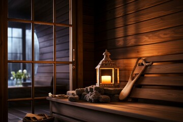 Contemporary Modern wooden sauna relax. Home care. Generate Ai