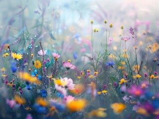 Dew-kissed wildflowers at dawn soft pastels merging