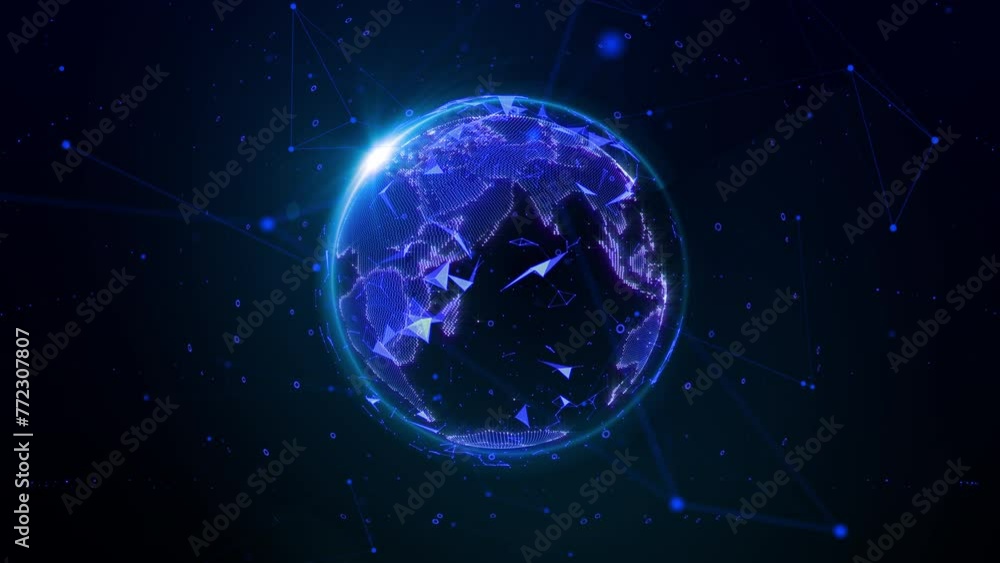 Fototapete Digital Blue 3D Hologram Flare Ring Earth Rotating on Scifi Universe. Polygon Line Dot Data Structure System Communication Concept 4K Motion Background.
