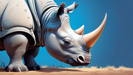 Fotobehang   A rhino wearing a jacket in a blue sky background © Janis