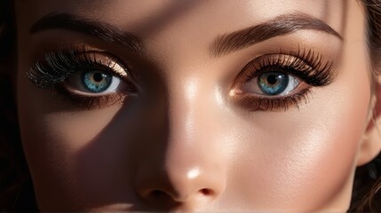 Fototapeta premium blue eyes, long black lashes, and a cast shadow