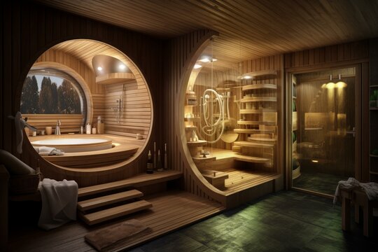 Minimalist Modern wooden sauna spa. Cabin temperature. Generate Ai
