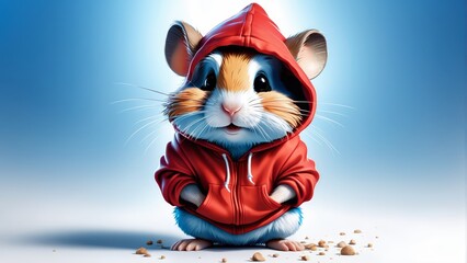   A hamster wears a red hoodie, seated on the ground It gazes at the camera against a backdrop of a blue sky