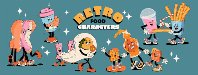 Retro groovy fast food characters set. Trendy modern style 60s - 70s. Coffee with a croissant, egg with bacon, waffles, maple syrup, fries, hot-dog . Retro vector illustration. Mascots for restaurant.