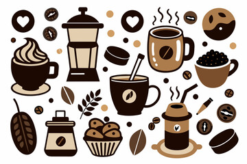 An assortment coffee-related illustrations silhouette black vector