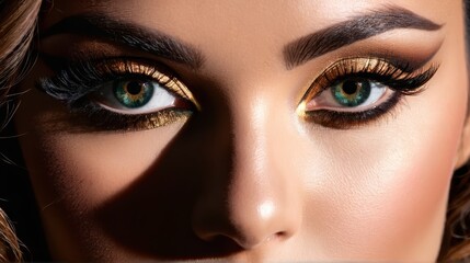 Fototapeta premium A tight shot of a woman's expressive eyes, accentuated by lengthy lashes and golden glitter along the lids of her eyeliner