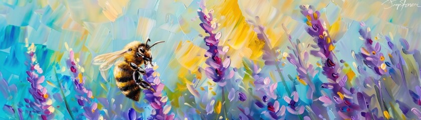 Fototapeta na wymiar Bee buzzing around lavender wildflowers busy summer day