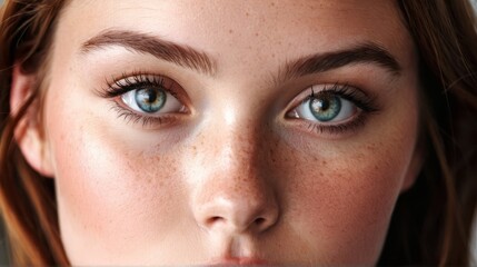 Fototapeta premium A close-up of a woman's face adorned with freckles and blue eyes