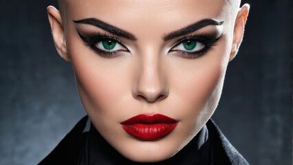   A woman in a black shirt, her green eyes gazing intently, adorned red lipstick, and a black bow tie