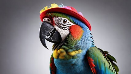 Obraz premium A vibrant parrot wearing a red hat gazes at the camera against a gray backdrop