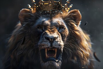 Naklejka premium King lion with a crown on its head against portrait in the wild a dark background