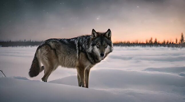 A Solitary Howl Echoes Through the Night, A Lone Wolf Stands Vigilant Atop a Snowy Peak