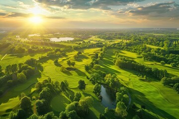 aerial view of a beautiful golf course - obrazy, fototapety, plakaty