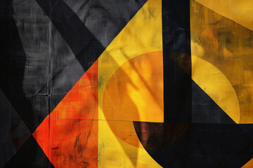 A painting with a black and yellow background and a red triangle in the middle. The painting is abstract and has a bold, modern feel to it
