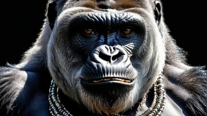   A tight shot of a gorilla's expressive face, adorned with a chain collar and a necklace