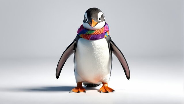   A penguin wearing a multicolored scarf is positioned before a white backdrop