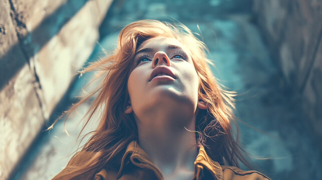 Dreamy woman looking upwards with sunlight filtering through her hair.
