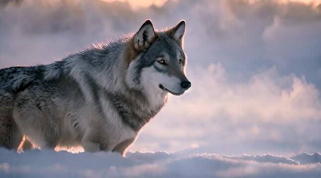 The Majesty of Winter, A Wolf's Silhouette Stands Out Against the Stark Beauty of a Snow-Covered Mountain