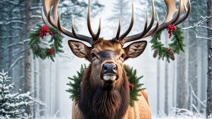 Fototapeta premium A tight shot of a deer adorned with antlers and winter wreaths in a snow-laden forest